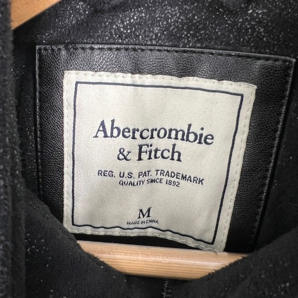 Abercrombie Fitch Black Faux Leather Sherpa Lined Hooded Coat‎ Women's Size M - Picture 3 of 15